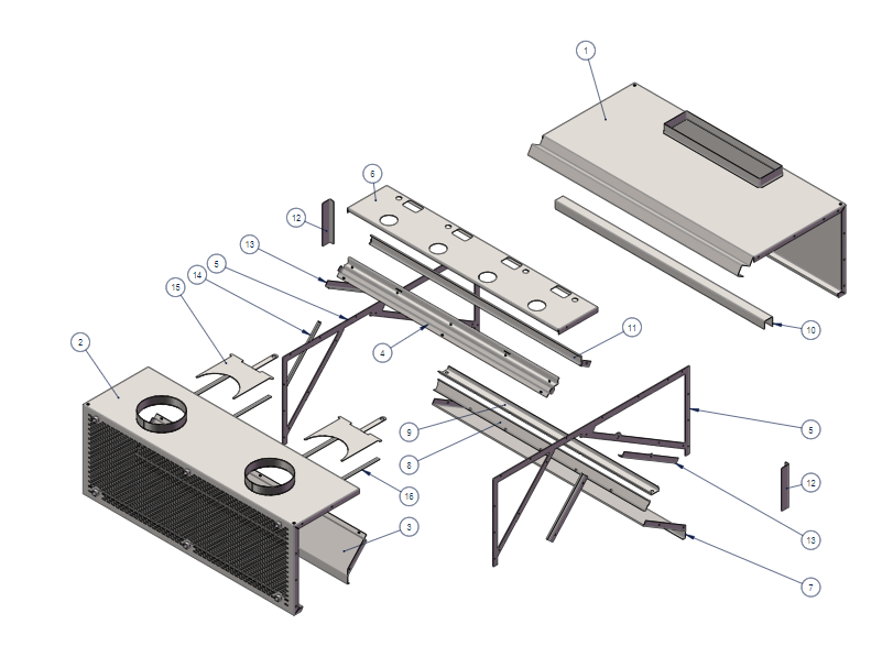 Exploded CAD assembly of a ventilation hood